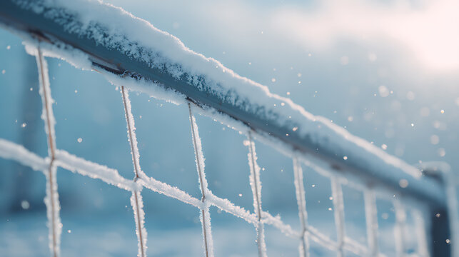 A close-up shot showcases a frost-covered wire fence, with intricate ice crystals delicately adorning the metal. The backdrop is a soft, cool-toned sky, creating a serene winter scene. - Powered by Adobe