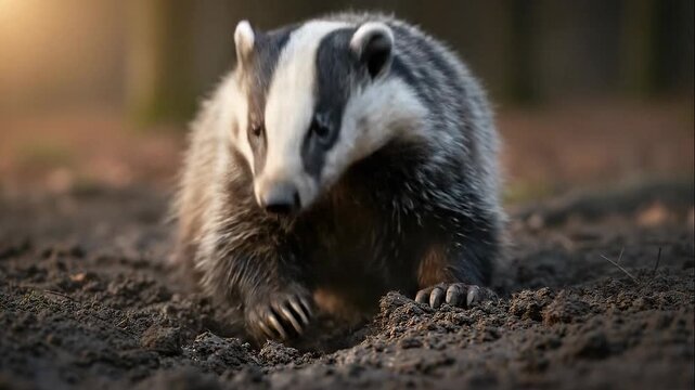 A European badger with its distinctive striped face digging in the dark soil of a forest floor, illuminated by soft sunlight.