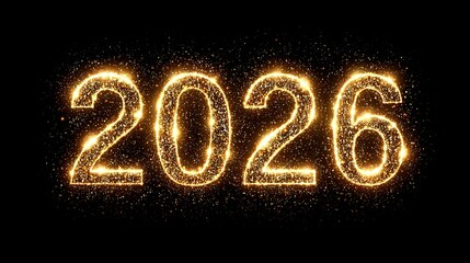 Sparkling golden year 2026 numerals shimmer with celebratory dust against a deep black background, perfect for festive announcements and projections.