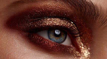 Macro close-up of a woman's blue eye showing the iris, pupil, eyebrow, and mascara-coated eyelashes