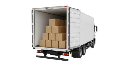 Delivery truck with open back door and cardboard boxes inside isolated PNG, cargo van for shipping...