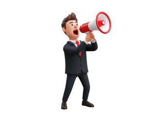 Cartoon businessman shouting into a megaphone isolated on transparent background