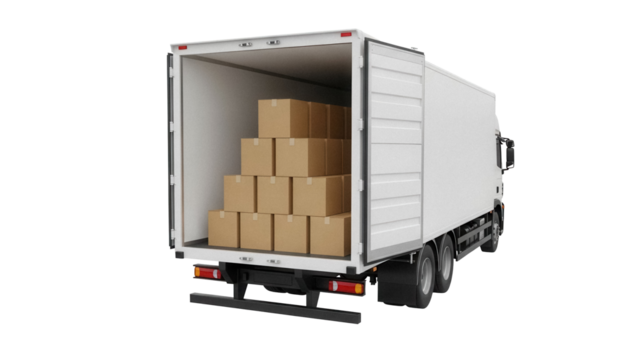 Delivery truck with open back door and cardboard boxes inside isolated PNG, cargo van for shipping and transportation on transparent background
