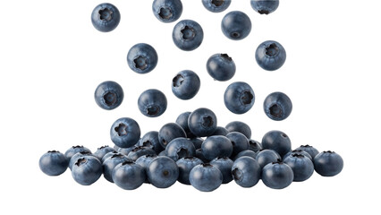 Fresh blueberries PNG isolated on transparent background, heap of ripe berries falling down for healthy eating and summer dessert