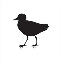 Simple minimalist black silhouette icon of a small bird standing on a clean white background, ideal for nature, wildlife, or digital graphic design projects