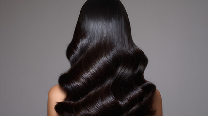 Brunette woman with long, straight hairstyle and glamour profile in a studio