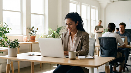 Focused young businesswoman working confidently in a bright modern office.