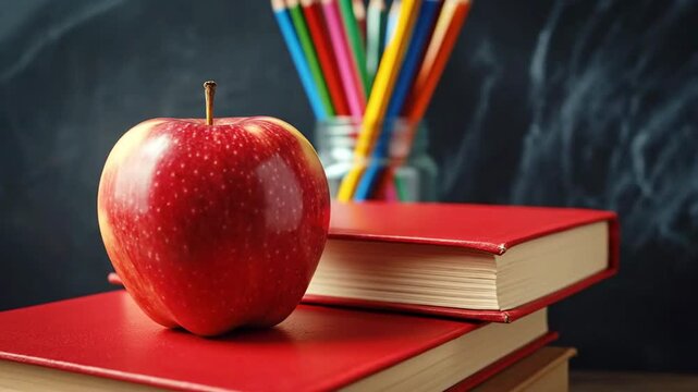 A glossy red apple sits atop a stack of red books on a wooden desk In the background colored pencils stand in a holder before a dark chalk-dusted blackboard