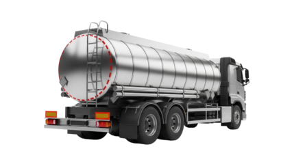 Silver fuel tanker truck PNG isolated on transparent background, commercial vehicle for transporting gasoline and other liquids, industrial transport