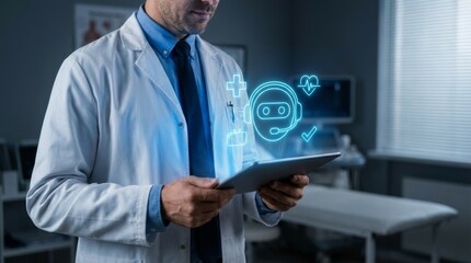 Male doctor interacting with digital tablet showing virtual artificial intelligence robot hologram, smart healthcare technology concept and medical chatbot data interface in clinic office.