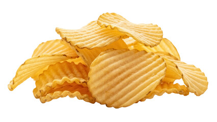 Pile of golden rippled potato chips isolated PNG on transparent background, crispy snack food for party and picnic