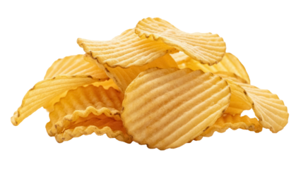 Pile of golden rippled potato chips isolated PNG on transparent background, crispy snack food for party and picnic