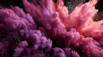 Vibrant explosion of pink and purple powder against a dark background creating an abstract cloud effect