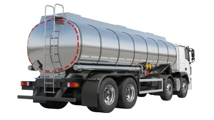Silver tanker truck PNG isolated on transparent background, fuel transport vehicle for logistics and industrial applications © PICSPRO