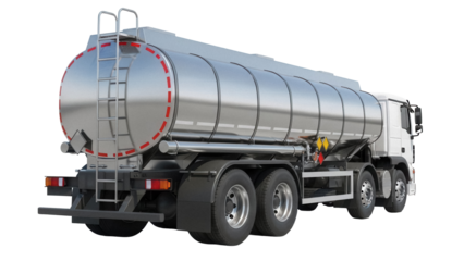 Silver tanker truck PNG isolated on transparent background, fuel transport vehicle for logistics and industrial applications