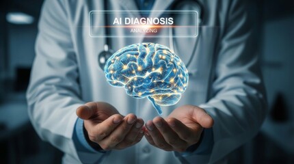 Doctor holding digital human brain hologram with heartbeat pulse for AI diagnosis healthcare analysis and neurology medical research in hospital clinic system