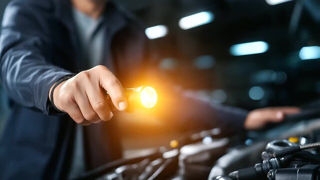 Engine bay flashlight check, mechanic illumination technique, automotive inspection procedure, professional diagnostic activity, repair shop environment, component examination focu