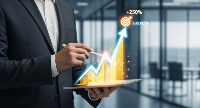 Businessman managing financial growth chart analysis on tablet screen for investment success strategy and market profit increase with digital data goal target arrow in corporate office - Powered by Adobe