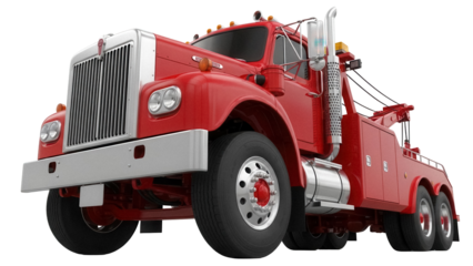 Red Kenworth wrecker truck PNG isolated on transparent background, vintage tow truck for rescue and roadside assistance