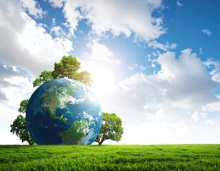 Composite image of Earth amid trees on a grassy field under a bright blue cloudy sky