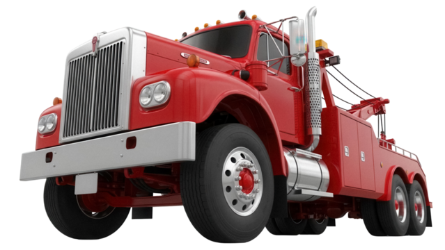 Red Kenworth wrecker truck PNG isolated on transparent background, vintage tow truck for rescue and roadside assistance