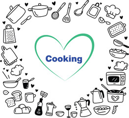Hand drawn cooking kitchen utensils illustration in heart shape, food preparation tools background, culinary doodle artwork for recipe design, vector