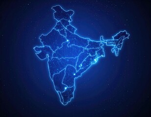 Neon blue outline of a country's map with connected lines and glowing points