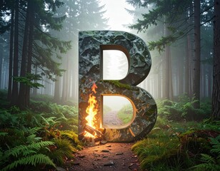 Stone letter 'B' with forest backdrop, glowing fire, path, and ferns