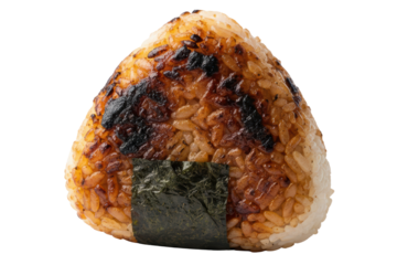 Grilled triangular rice ball with seaweed strip wrapper isolated on a transparent background