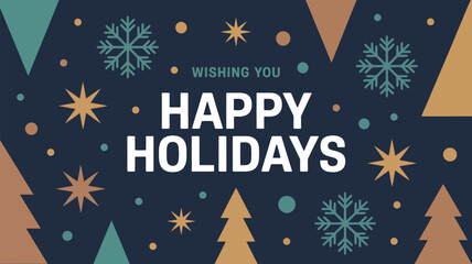 Wishing You Happy Holidays winter illustration with snowflakes, stars and stylized Christmas trees on a dark background, perfect for greeting cards and festive graphics