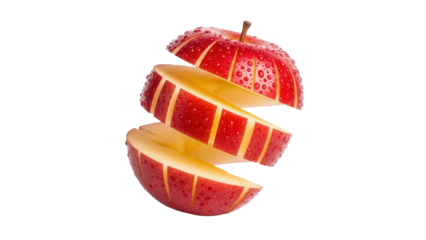 Sliced red apple with water droplets PNG isolated on transparent background, fresh fruit cut into segments for healthy eating