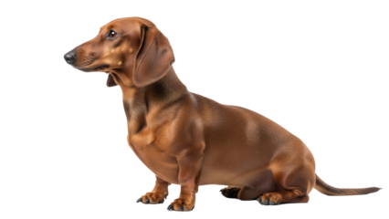 Smooth-haired brown Dachshund dog sitting isolated PNG, adorable wiener dog breed on transparent background for pet-related designs