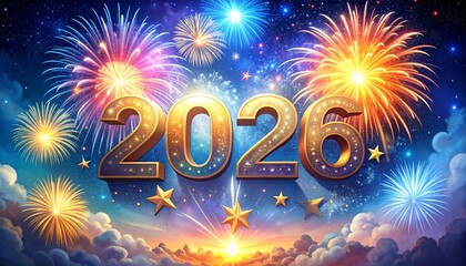 A vibrant "2026" text in dazzling, multi-colored letters is prominently displayed against a spectacular backdrop of colorful fireworks.