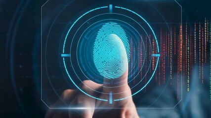 Hand touching digital fingerprint scanner for biometric identity verification and secure network access control in futuristic cyber security data protection system - Powered by Adobe