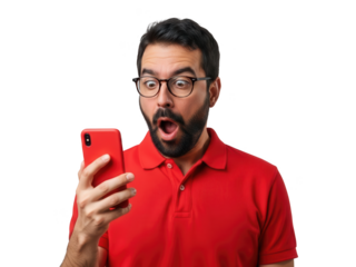 Man with open mouth looking at phone isolated on transparent background