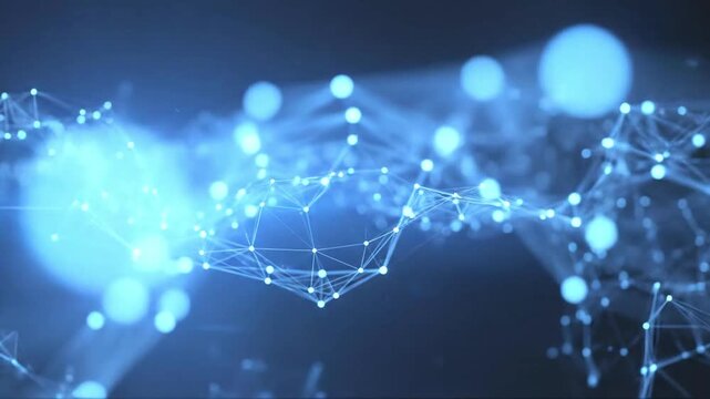 A glowing blue network of connected nodes and lines on a dark background with blurred lights and a central bright flare