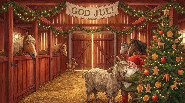 God Jul text inside a Swedish classic Christmas barn with tomte, Swedish Santa, horses and goat, vintage Swedish Christmas card