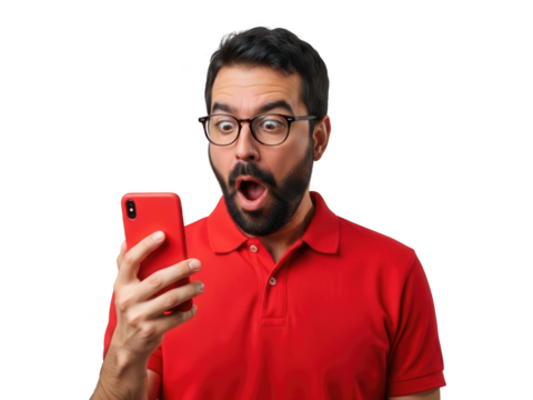 Man with open mouth looking at phone isolated on transparent background - Powered by Adobe