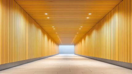 A serene corridor showcases warm wooden panels and soft lighting, leading towards a bright exit. The atmosphere feels inviting and tranquil, perfect for reflection