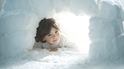 A child peers out from inside their homemade igloo, a snowy haven built for winter fun. The bright light from outside casts a soft glow on their joyful face. A cool arctic scene.