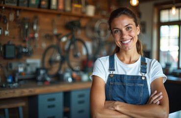 Young woman in bicycle repair shop smiles genuinely. Female mechanic stands confidently with arms crossed. Portrait of happy small business owner in workshop. Tools, bikes surround. Friendly,
