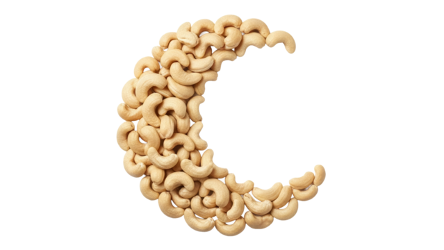 Crescent moon made of cashew nuts PNG isolated on transparent background, healthy snack food for Ramadan and Eid celebrations - Powered by Adobe