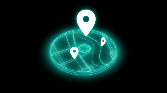 Glowing map with location pins animation on a black background
