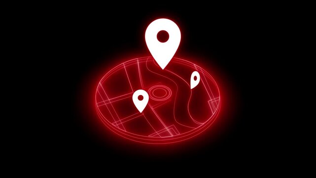 Glowing map with location pins animation on a black background