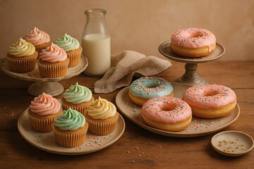 Cupcakes and donuts with milk arranged on wooden table in studio shot