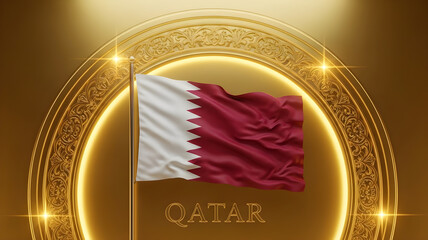 Qatar flag waving inside a golden ornate circle with the country name below the flag image