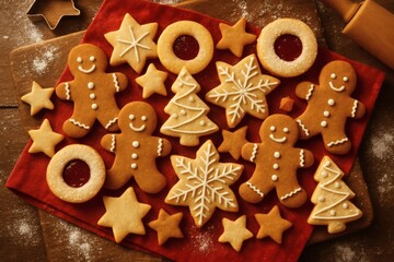 Festive assortment of Christmas cookies on a red cloth with wooden board
