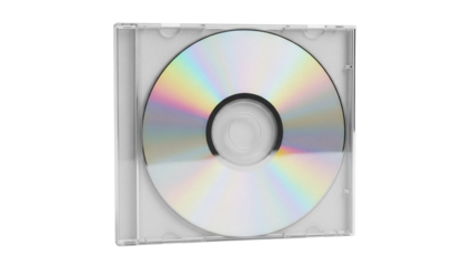 Shiny compact disc in jewel case isolated PNG, optical storage media for music, software, and data on transparent background