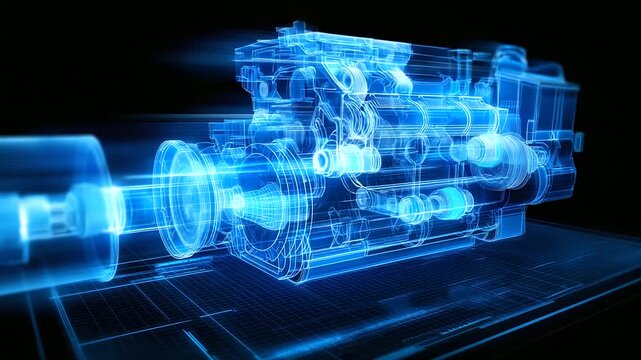 Line art engine rendering, side view perspective, detailed technical illustration, mechanical drawing style, internal combustion anatomy, engineering blueprint aesthetic, industria