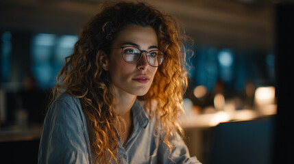 Woman Working Late at Computer in Modern Office